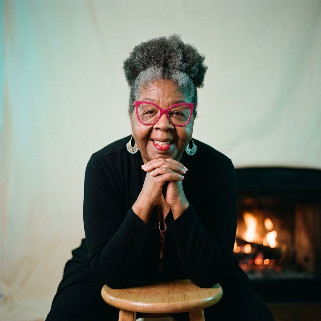 YJacqueline Mayse, founder of The Amplified Creative, smiling beside a warm fireplace